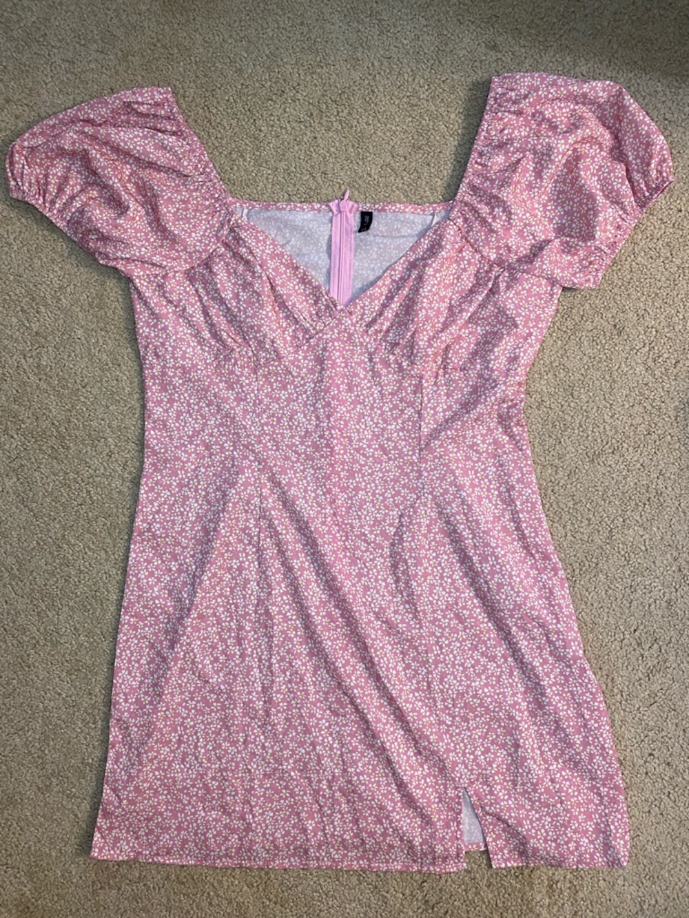 Zaful Pink Ditsy Floral Puff Sleeve Mini Dress
